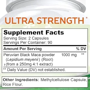 ASquared Nutrition Black Maca Root Max Strength 1000mg Per Serving  - 180 Capsules - Maca Ultra Strength