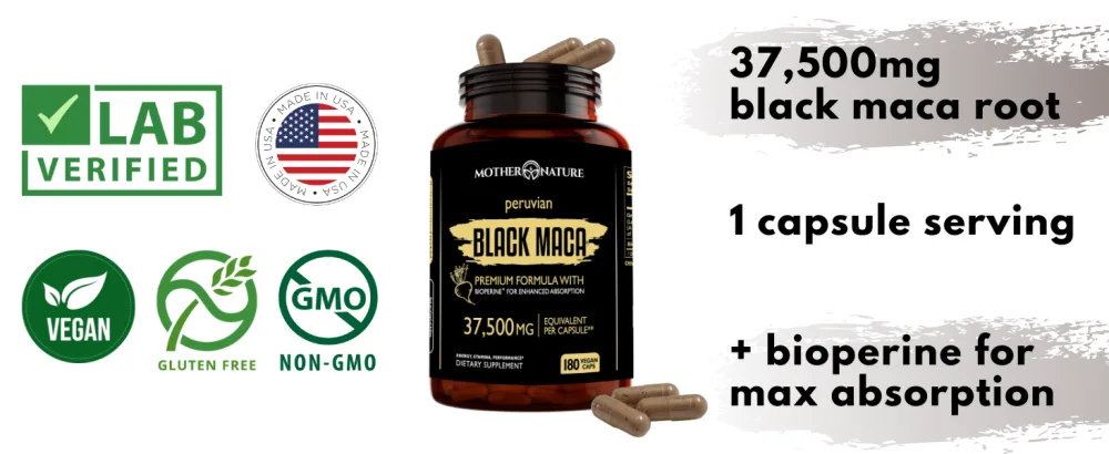 Mother Nature Organic Black Maca Root 50-1 Extract 37500mg Organic Peruvian Maca Peruana Supplement for Men - 180 Capsules - maca root capsules supplement men women libido performance drive nusapure element elmnt nutrients mg