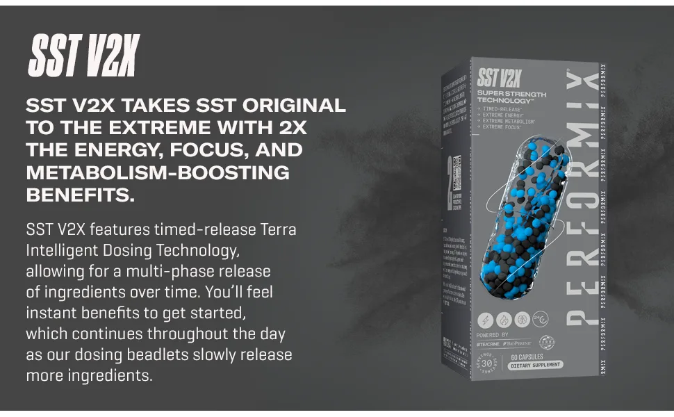 Performix SST Extreme V2X Thermogenic Supplement - 60 Capsules - Focus, Energy Boost for Men & Women - Caffeine, TeaCrine, Vitamin B12, BioPerine 60 Count (Pack of 1) - preworkout energy supplements metabolim booster capsules for women and men workout