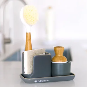 Full Circle Bubble Up Ceramic Soap Dispenser & Bamboo Dish Brush, White/Gray Grey/White - Bubble up dish brush