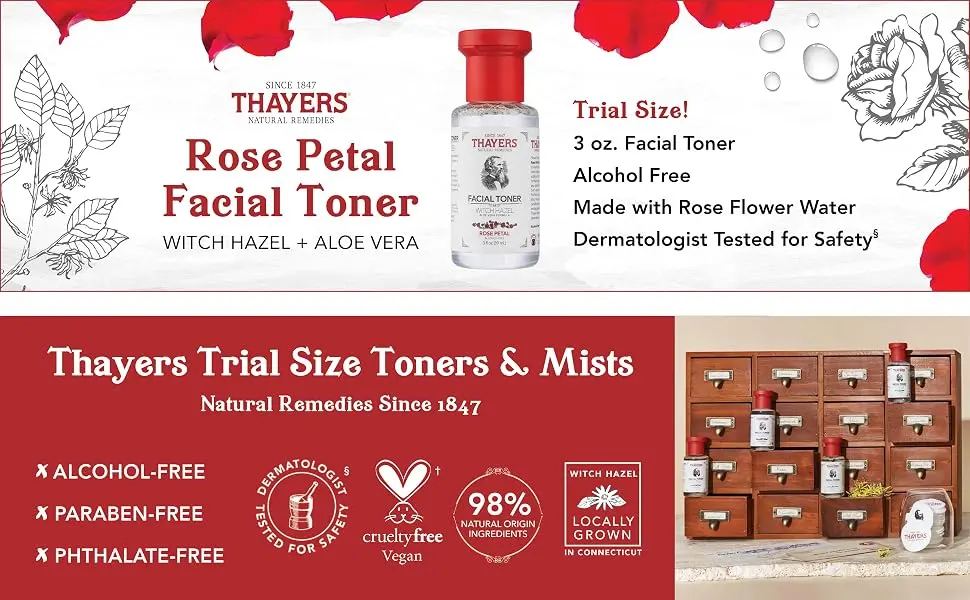 THAYERS AlcoholFree Witch Hazel Facial Toner with Aloe Vera Formula , Clear, Rose Petal, 3 Fl Oz - Thayers