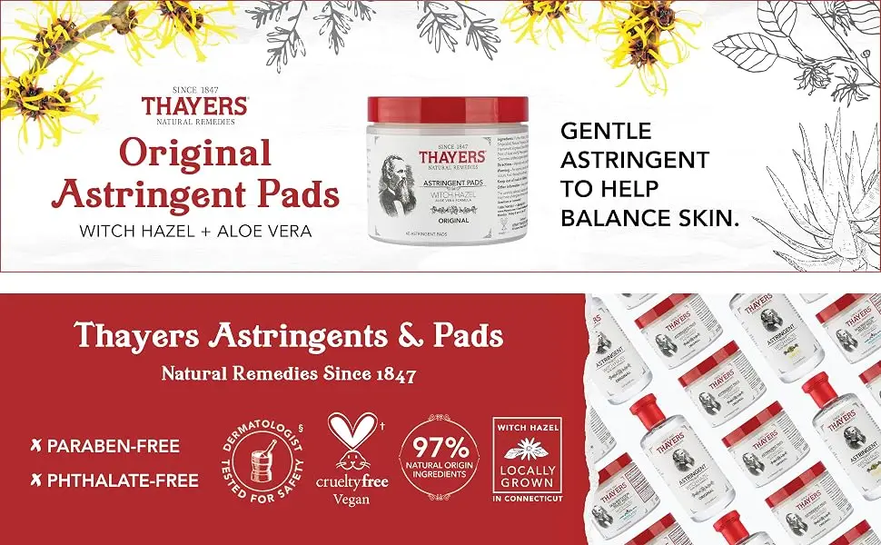 THAYERS Original Witch Hazel Astringent Pads with Aloe Vera Formula, 60 Count (Pack of 2) Original 60 Count (Pack of 2) - Thayers Astringent