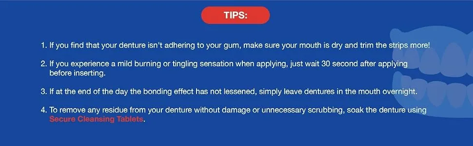 Secure Comfort Strips Waterproof Denture Adhesive - Zinc Free - Extra Firm Hold For Lower Dentures - 15 Strips - Secure Cushion Strips Application Tips