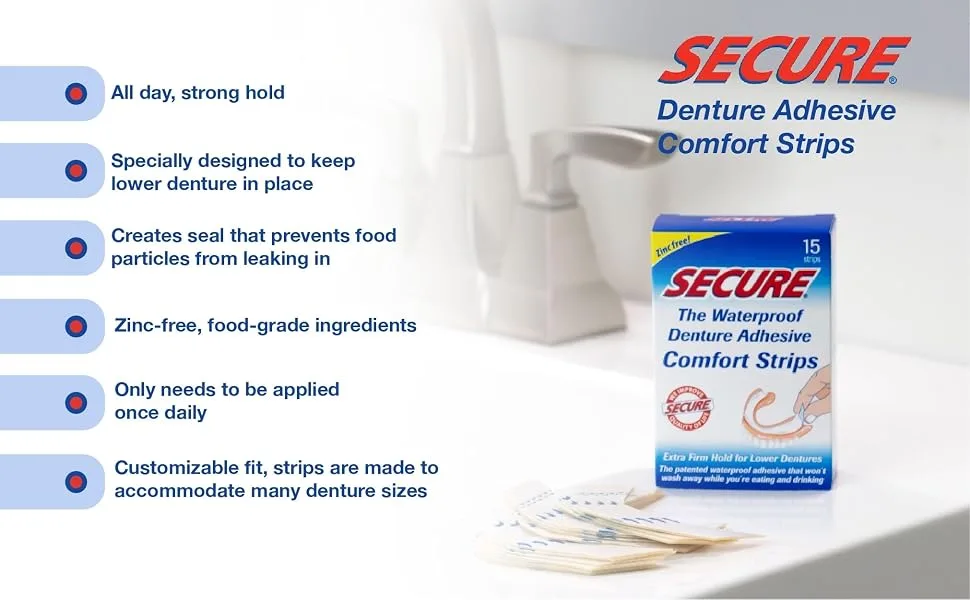 Secure Comfort Strips Waterproof Denture Adhesive - Zinc Free - Extra Firm Hold For Lower Dentures - 15 Strips - Secure Cushion Strips Features