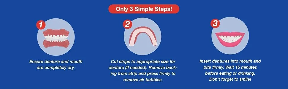 Secure Comfort Strips Waterproof Denture Adhesive - Zinc Free - Extra Firm Hold For Lower Dentures - 15 Strips - Secure Cushion Strips How to Apply