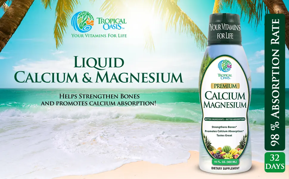 Tropical Oasis Liquid Calcium & Magnesium - Natural formula w/ support for strong bones - Liquid vitamins w/ calcium, - 16oz, 32 Serv. 16 Fl Oz (Pack of 1) - Liquid magnesium calcium building blocks to help support teeth and muscles liquid vitamin form