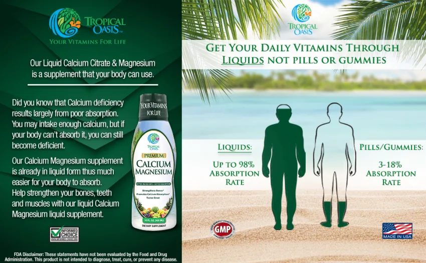 Tropical Oasis Liquid Calcium & Magnesium - Natural formula w/ support for strong bones - Liquid vitamins w/ calcium, - 16oz, 32 Serv. 16 Fl Oz (Pack of 1) - Liquid vitamins absorb up to 98 percent by the body, 5x more than pills capsules or gummies