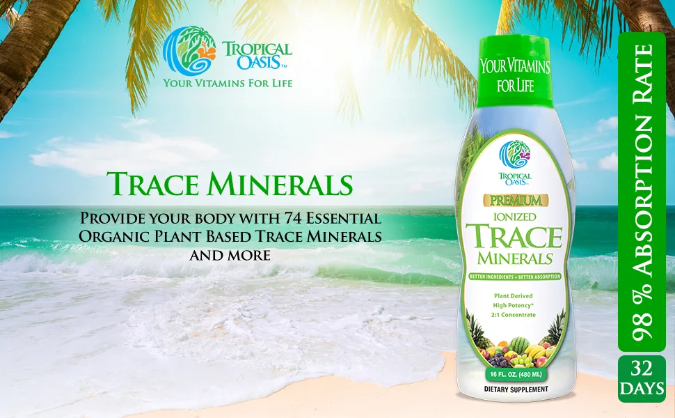 Tropical Oasis - Premium Ionized Plant Based Trace Minerals Liquid Formula- 74 essential minerals in liquid form for up to 96% Absorption - 16 oz, 32 servings - liquid trace minerals with ironized minerals great taste multi-vitamin