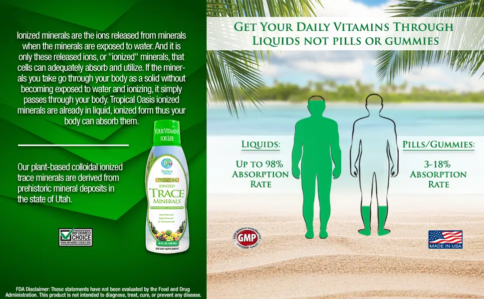 Tropical Oasis - Premium Ionized Plant Based Trace Minerals Liquid Formula- 74 essential minerals in liquid form for up to 96% Absorption - 16 oz, 32 servings - Liquid vitamins absorb up to 98 percent by the body, 5x more than pills capsules or gummies