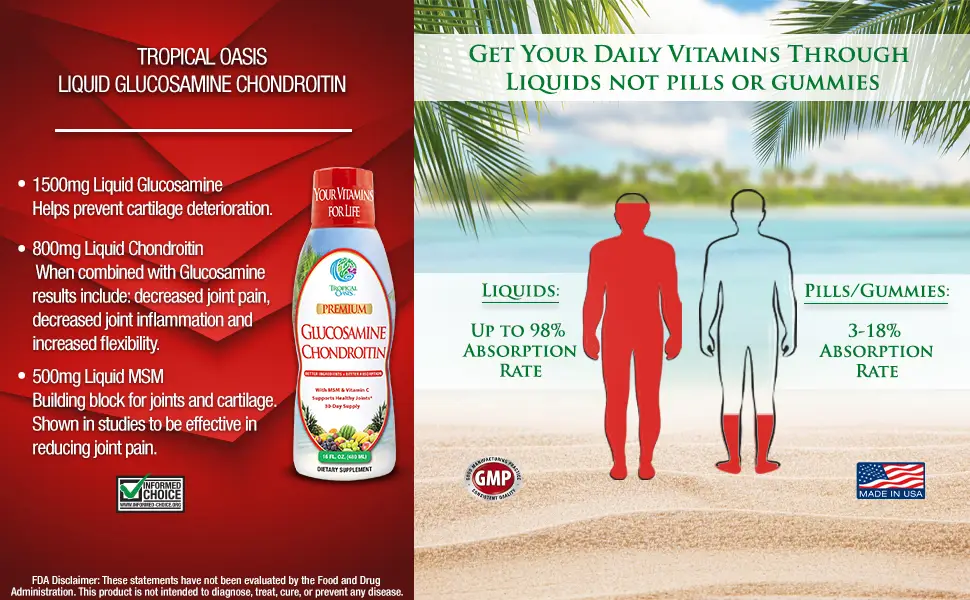 Tropical Oasis Liquid Glucosamine Chondroitin w/ MSM and Vitamin C for maximum absorption (16 oz) Liquid - Liquid vitamins absorb up to 98 percent by the body, 5x more than pills capsules or gummies