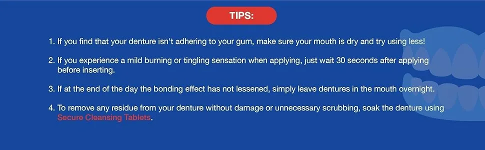 Secure Sensitive Gums Waterproof Denture Adhesive Zinc Free with Aloe Vera & Myrrh - Extra Strong 12 Hour Hold - 1.4 oz - Tips for application secure denture adhesive