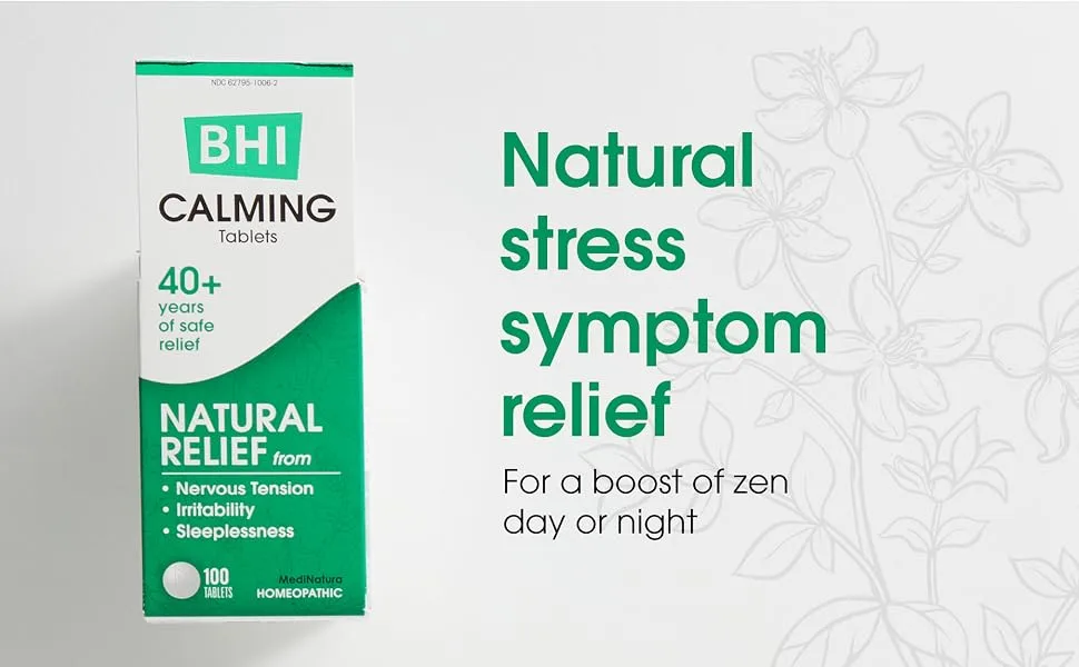 BHI Calming Stress Relief Blend 10 Natural, Safe Active Ingredients Help Restore Balance, Support Calm Mood & Sleep - Relax Mind & Body with Passionflower, Chamomile & Valerian Root - 100 Tablets - BHI Calming Natural stress symptom relief For a boost of zen day or night