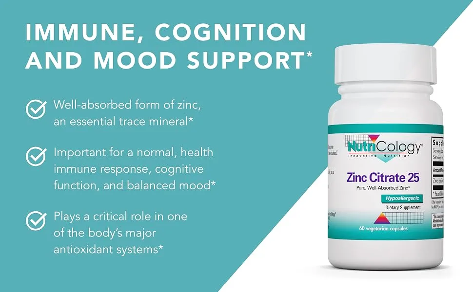NutriCology Zinc Citrate 25 mg - Immune, Mood, Bone Support - 60 Vegetarian Capsules - Nutricology 50280