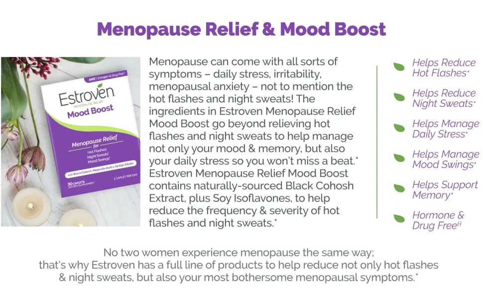 Estroven Mood Boost for Menopause Relief, Helps Reduce Hot Flashes & Night Sweats, Helps Manage Mood Swings*, 30 Count (Packaging may Vary) - estroven mood