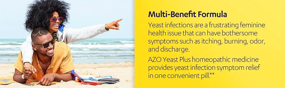 AZO Yeast Plus Dual Relief Tablets, Yeast Infection and Vaginal Symptom Relief, Relieves Vaginal Itching & Burning, 60 Count - AZO Yeast Plus