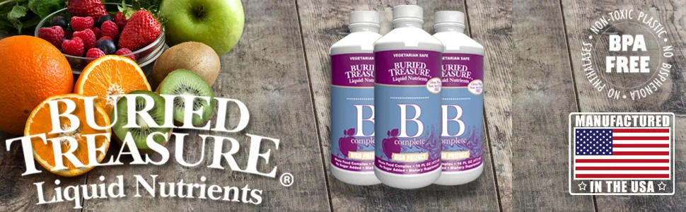 Buried Treasure B Complete High Potency B Complex Adrenal Support Liquid Supplement 30ml Contains 400 mcg Folate 16 oz - Buried Treasure B complete manufacture in the USA BPA free bottle