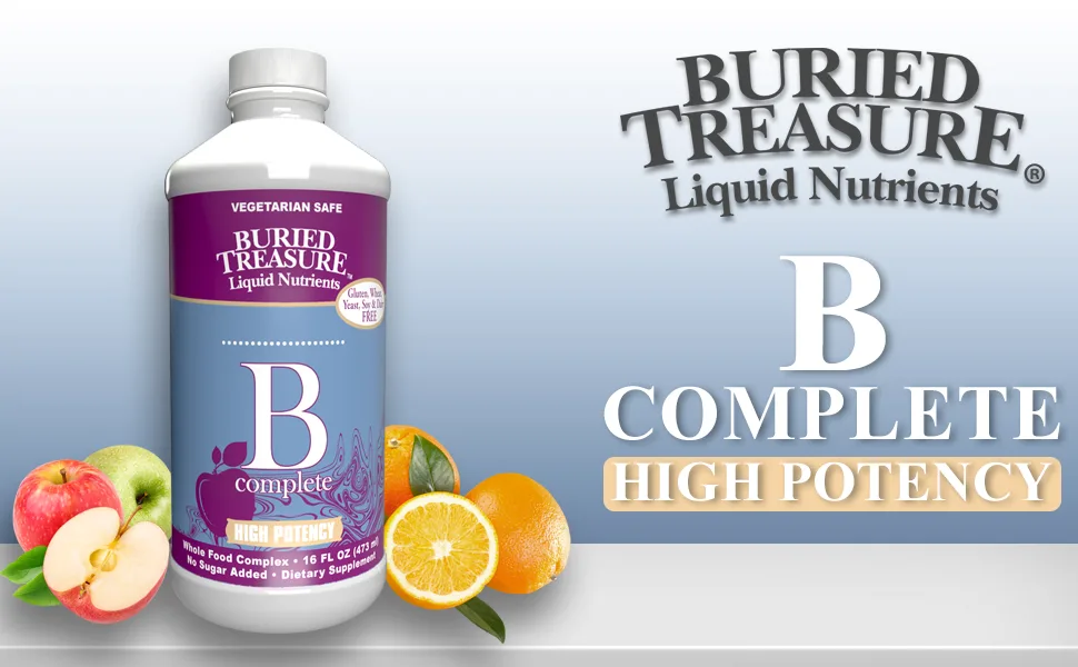 Buried Treasure B Complete High Potency B Complex Adrenal Support Liquid Supplement 30ml Contains 400 mcg Folate 16 oz - Buried Treasure Liquid Nutrients B Complete high potency