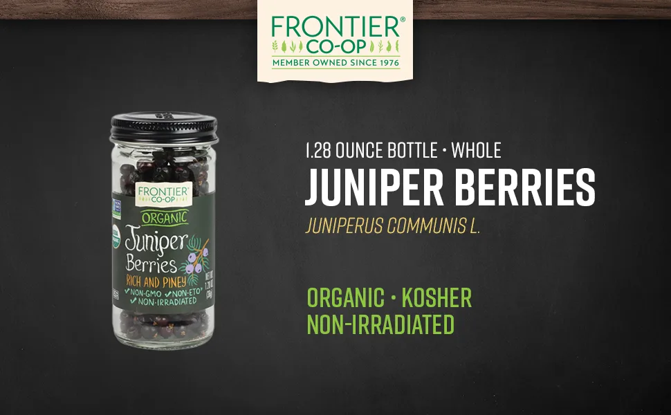 Frontier Co-op Juniper Berries, Whole, 1.28 Ounce Bottle, Certified Organic, Kosher, Non-Irradiated | Juniperus communis L. 1.28 Ounce (Pack of 1) - Frontier Co-op Juniper Berries