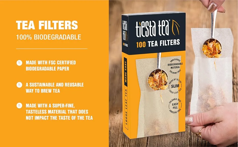 Tiesta Tea - Loose Leaf Tea Filters, 100 Count, Disposable Tea Infuser, 100% Natural Unbleached Paper, Steeps Hot Tea, Iced Tea & Coffee, Eco-Friendly, Single Serve Filter for one Cup, Empty Tea Bags - Loose Leaf Tea Brewing Accessory Tea Filter Coffee Filter Brew Infuser Premium On-the-g
