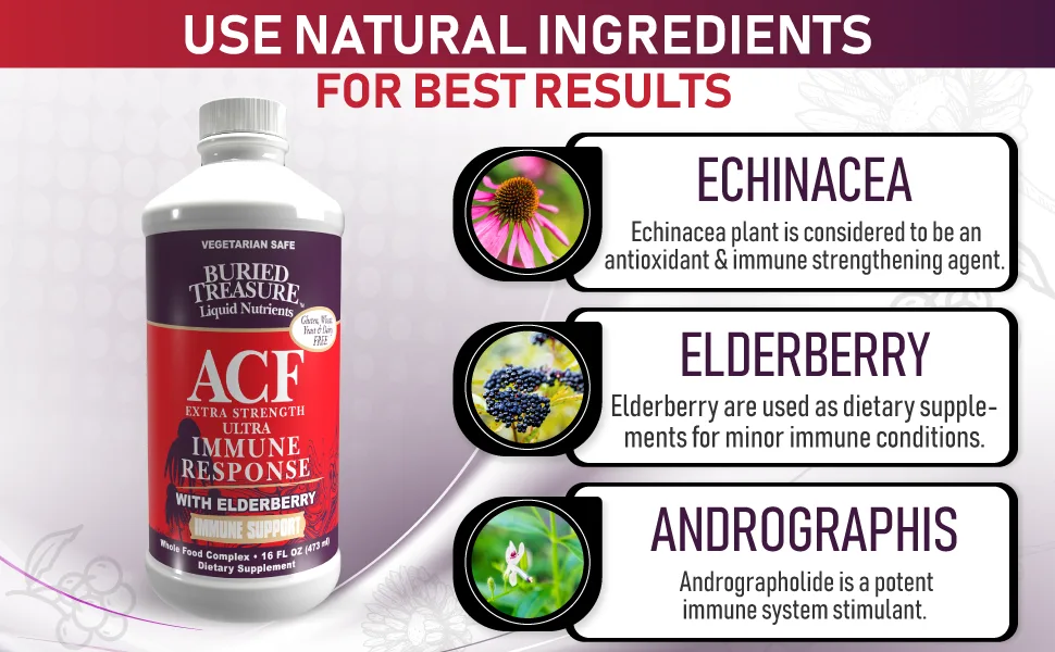 Buried Treasure ACF Extra Strength Extreme Immune Support with Elderberry Echinacea Vitamin C and Herbal Blend for Comprehensive Rapid Relief 16 Fluid Ounce - Echinacea Elderberry Andrographis used are natural ingredients for best results