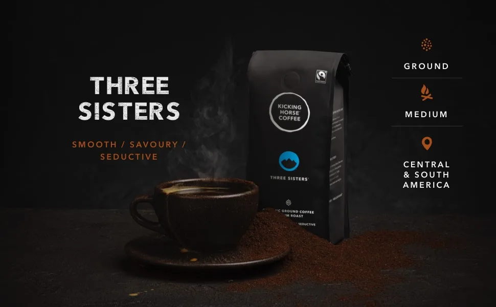 Three Sisters, Kicking Horse Coffee, Medium Roast, Ground, 10 oz - Certified Organic, Fairtrade, Kosher Coffee - Kicking Horse Three Sisters Ground Coffee