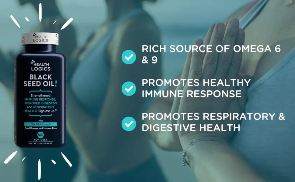 Health Logics Black Seed Oil, Cold Pressed, Rich Source of Omega 6 & 9 Essential Fatty Acids, from Nigella Sativa (100 Soft Gel Capsules) - BSO Benefits