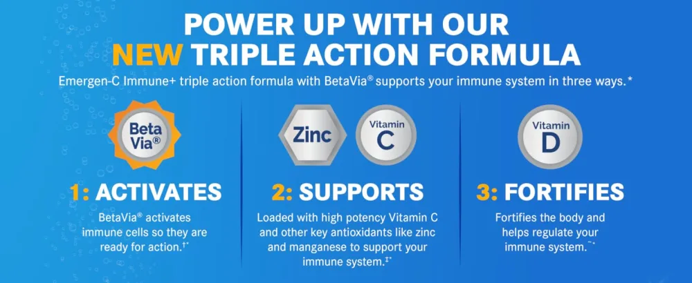 Emergen-C Immune+ Triple Action Immune Support Powder, BetaVia (R), 1000mg Vitamin C, B Vitamins, Vitamin D and Antioxidants, Raspberry – 30 Count - emergen-c, triple action, raspberry, beta-via, supports, fortifies, zinc, vitamin c, vitamin d