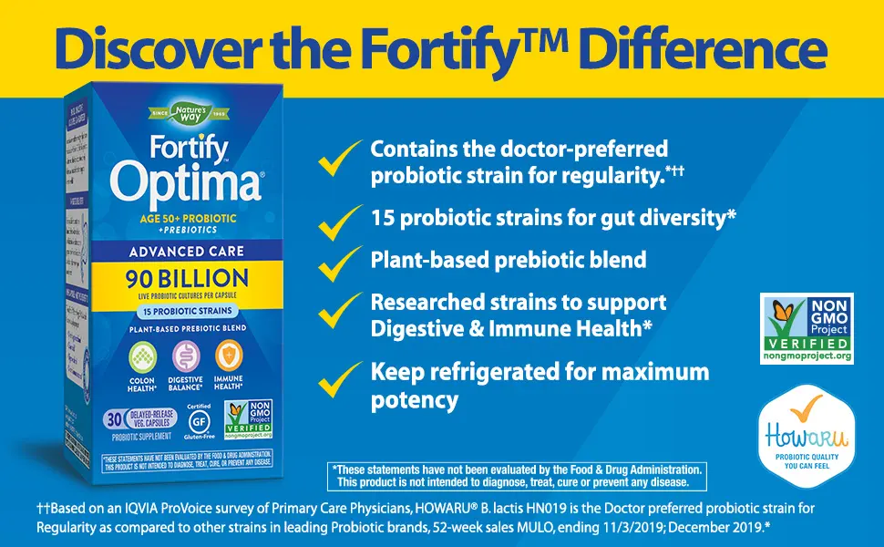 Nature’s Way Fortify Optima 50+ Daily Probiotic, 90 Billion, 15 Strains, Prebiotic, 30 Capsules - the fortify probiotics difference