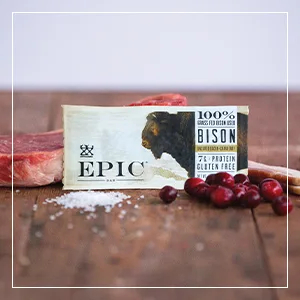 Epic Bacon Bits Hickory Smoked, 3 Ounce - EPIC Bison Gluten Free Meat Snack Bar on table