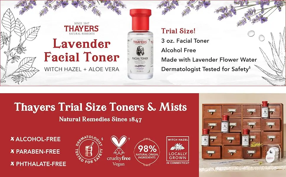 THAYERS Trial Size AlcoholFree Witch Hazel Facial Toner with Aloe Vera Formula, Lavender, 3 Fl Oz - Thayers
