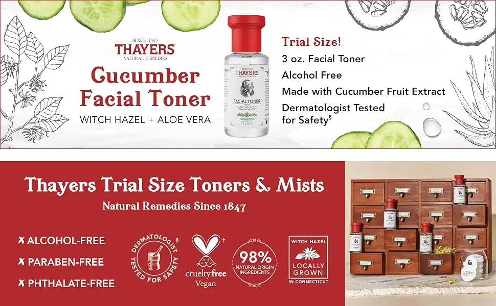 THAYERS Alcohol-Free Witch Hazel Facial Toner with Aloe Vera, Cucumber, Trial Size, 3 Ounce - Thayers