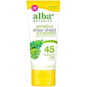 Alba Botanica Sensitive Sheer Shield Suncreen SPF 45, Fragrance Free, 3 Ounce (Packaging May Vary) Sensitive Fragrance Free (SPF 45) - Alba Sensitive Sheer Shield Sunscreen Lotion