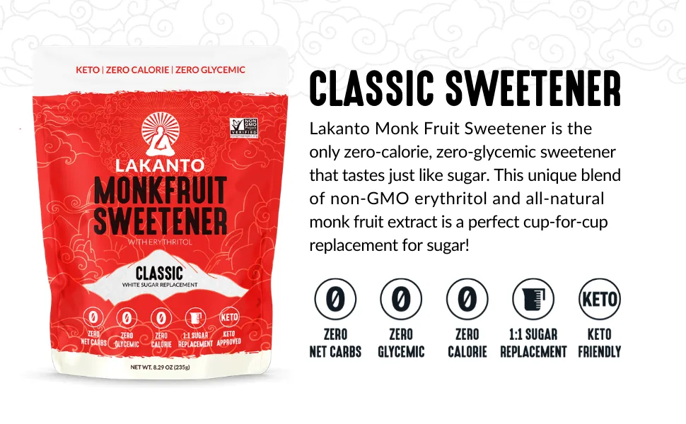 Lakanto Classic Monk Fruit Sweetener - White Sugar Substitute, Zero Calorie, Keto Diet Friendly, Zero Net Carbs, Zero Glycemic, Baking, Extract, Sugar Replacement (Classic White - 1 lb) Classic White 1 Pound (Pack of 1) - lakanto, monk fruit, monkfruit, sweetener, sugar substitute