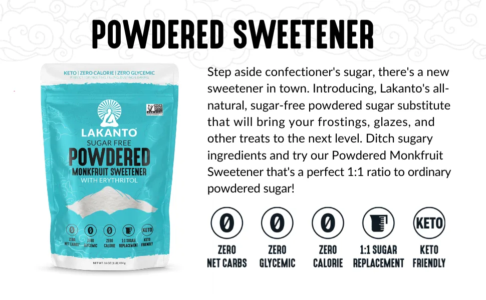 Lakanto Powdered Monk Fruit Sweetener - Powdered Sugar Substitute, Zero Calorie, Keto Diet Friendly, Zero Net Carbs, Zero Glycemic, Baking, Extract, Sugar Replacement (1 Lb) Monkfruit 1 Pound (Pack of 1) - monkfruit, monk fruit, powdered sugar, powdered sweetener, confectioner