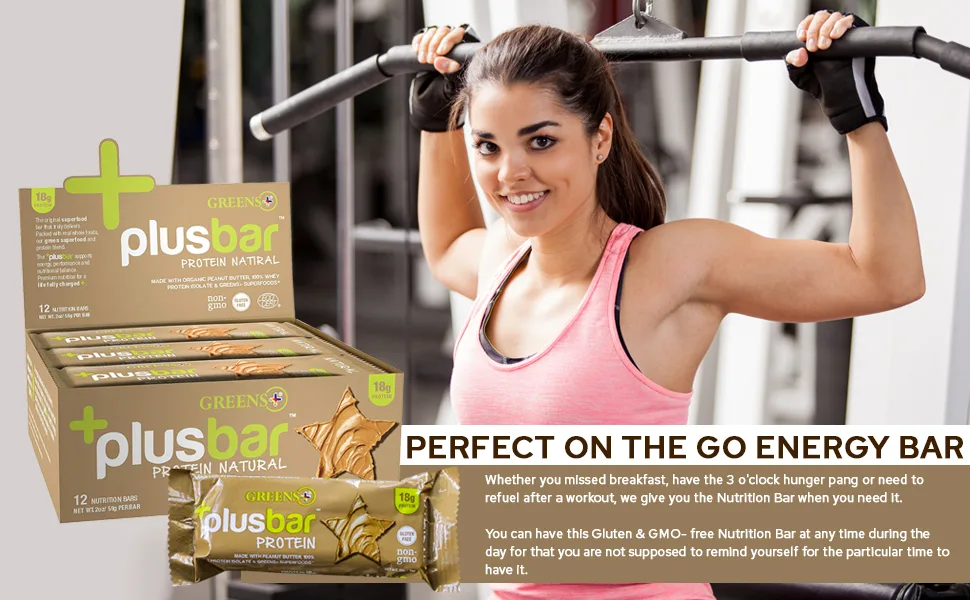 Greens+ Plusbar Protein Natural | Gluten Free Whey Protein Bar | Organic Greens | Non GMO | 12 Bars Protein Natural 2 Ounce - Greens plus