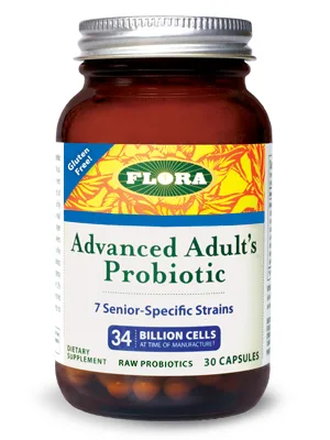 Flora - Advanced Adult's Blend Probiotic, Seven Senior-Specific Strains, Gluten Free, Raw Probiotic with 34 Billion Cells, 60 Capsules - Advanced, adult, probiotic, bottle