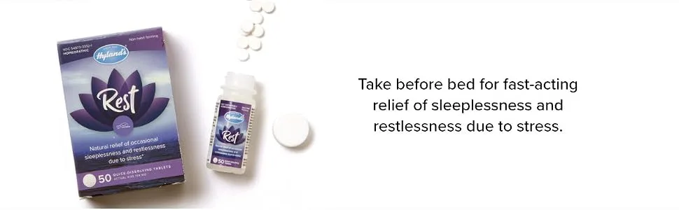 Natural Sleep Aid Pills Rest by Hyland's Sleeplessness and Stress Relief Supplement 50 Quick Dissolving Tablets - Rest