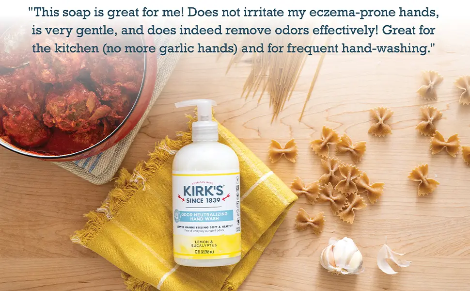 Odor-Neutralizing Clean Hand Soap by Kirk’s | Castile Liquid Soap Pump Bottle | Moisturizing & Hydrating Kitchen Hand Wash | Lemon & Eucalyptus Scent | 12 Fl Oz. Bottle Lemon & Eucalyptus 12 Ounce - gentle soap for sensitive hands pump bottle liquid hand soap hard water well water eliminates smells