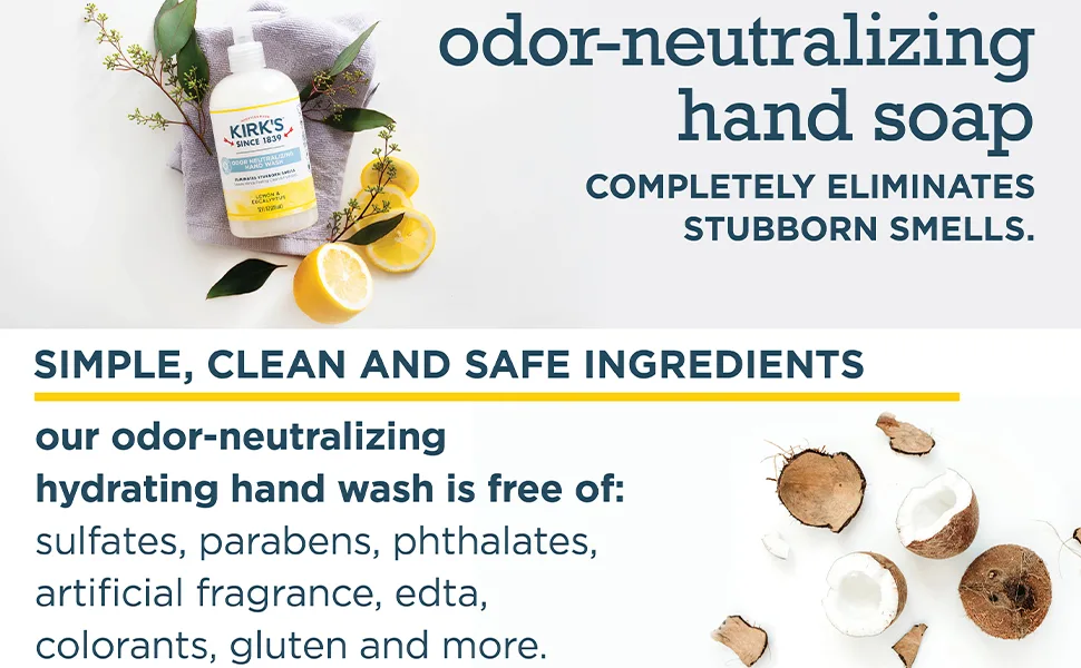 Odor-Neutralizing Clean Hand Soap by Kirk’s | Castile Liquid Soap Pump Bottle | Moisturizing & Hydrating Kitchen Hand Wash | Lemon & Eucalyptus Scent | 12 Fl Oz. Bottle Lemon & Eucalyptus 12 Ounce - hand soap odor neutralizing liquid hand soap unscented moisturizing soap kitchen soap bathroom soap