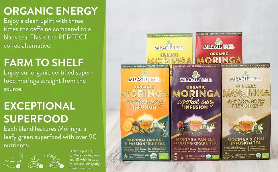 Miracle Tree's Energizing Moringa Infusion - Chai | Super Caffeinated Blend | Healthy Coffee Alternative, Perfect for Focus | Organic Certified & Non-GMO | 16 Pyramid Sachets Chai 16 Count (Pack of 1) - Miracle Tree Energy Moringa Tea Orange Grape Cherry Chai Green Tea Ginger Lemon Tea Super Caffeine