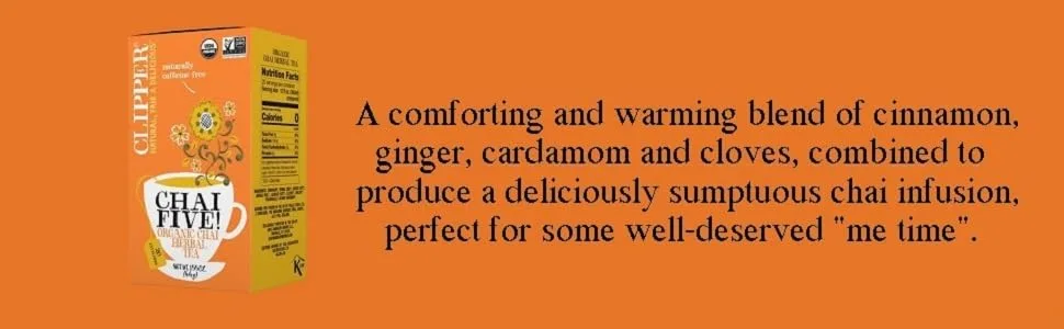 Clipper Tea Organic Chai Herbal Tea, Chai Five - USDA Organic, Non-GMO, Caffeine Free Tea, 1 Pack, 20 Unbleached Tea Bags Chai Five 20 Count (Pack of 1) - Chai Five Banner