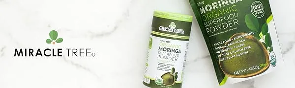 Miracle Tree 100% Organic Moringa Superfood Powder, 8 oz (226.8 g) 8 Ounce (Pack of 1) - Miracle Tree Logo with Moringa Powders Backdrop