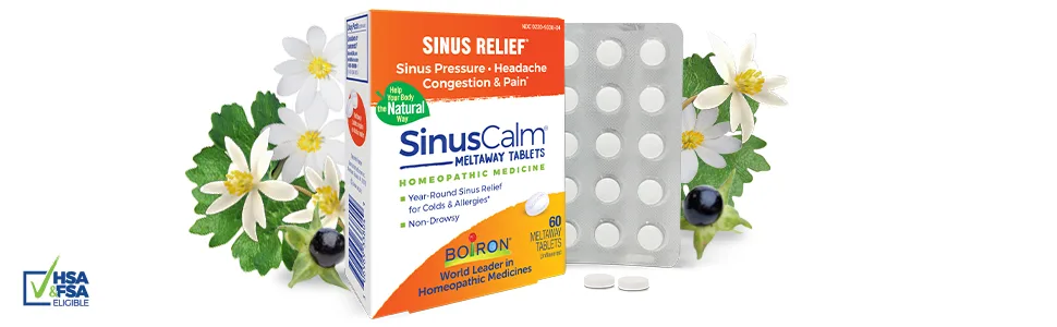 Boiron SinusCalm Tablets for Sinus Pain Relief, Runny Nose, Congestion, Sinus Pressure, Headache - 60 Count - SinusCalm Tablets surrounded by plant-based ingredients