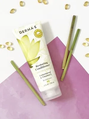 DERMA E Restoring Conditioner for Volume & Shine – Sulfate Free Volumizing Conditioner with Lemongrass & Vitamin E – Nourishing Color Care Conditioner, 10 oz - derma e restoring conditioner