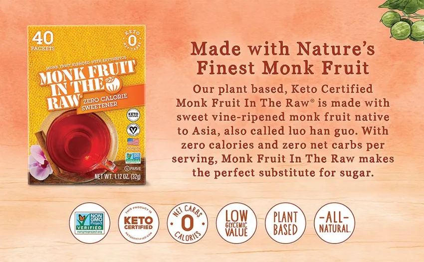 MONK FRUIT IN THE RAW, Keto-Certified Zero Calorie Sweetener Packets 40 Count Box (1 Pack) 40 Count (Pack of 1) - Monk Fruit In The Raw