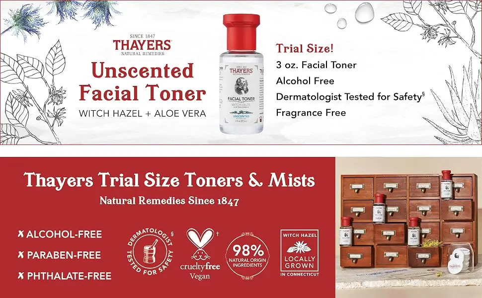 THAYERS Alcohol-Free Witch Hazel Facial Toner with Aloe Vera, Unscented, Trial Size, 3 Ounce - Thayers