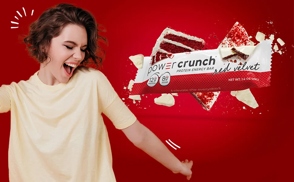 Protein Bar Chocolate - woman smiling and dancing next to power crunch red velvet bar
