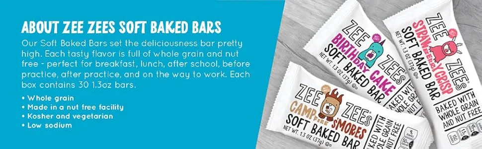 Zee Zees Campfire S'mores Soft Baked Snack Bars, Nut-Free, Whole Grain, Naturally Flavored, 1.3 oz Bars, 30 pack - soft baked bars, breakfast bars, snacks bars, whole grain, nut free