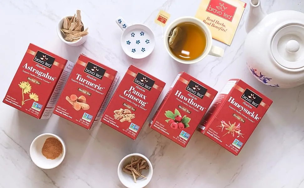Bravo Tea Absolute Chysanthemum Herbal Tea Caffeine Free, 20 Tea Bags - A row of Bravo Tea