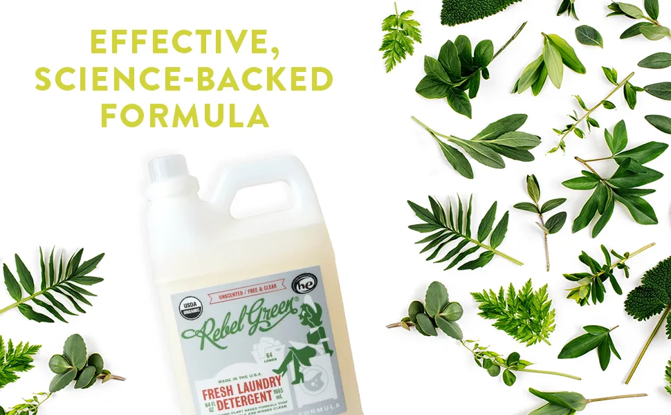Rebel Green Laundry Detergent, Organic and Sulfate Free Hypoallergenic Laundry Soap, Unscented, 64 Load Bottle - Effective, Science-Backed Formula